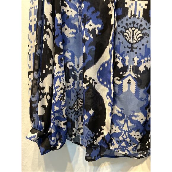 Chico's Blue Ikat Blouse Size 12 Billow Sleeves Sheer Chiffon Bohemian Career - Picture 5 of 9